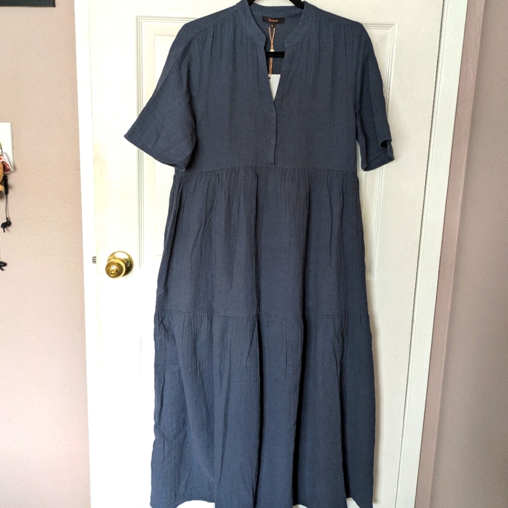 Quince 100% Organic Cotton Gauze Split Neck Midi Dress NWT